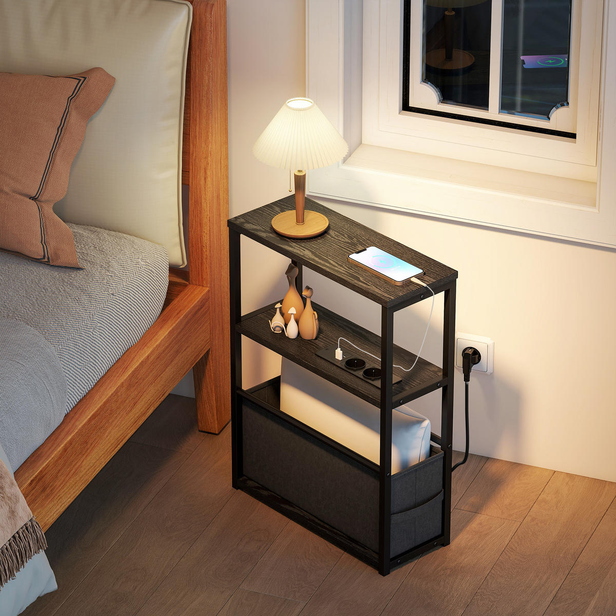 BEISTELLTISCH mit Steckdosenleiste USB & Type-C Ablage Schublade Stahlrahmen - Schwarz, Holzwerkstoff (45/18/60.2cm) - HOMCOM