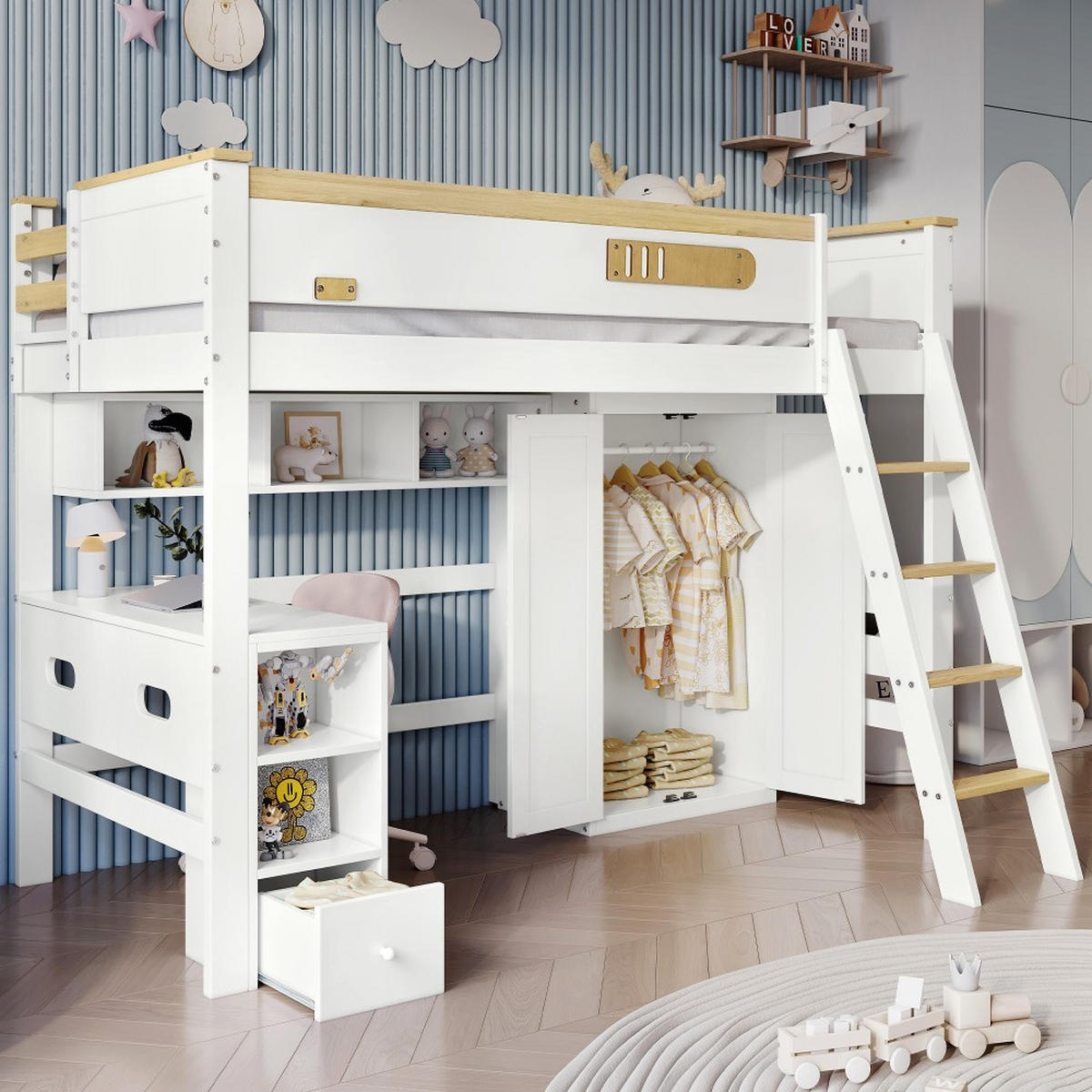 ETAGENBETT 90x200cm in Weiß+Natur mit Tisch und Kleiderschrank - Weiß, Holz (90/200cm) - KOMHTOM