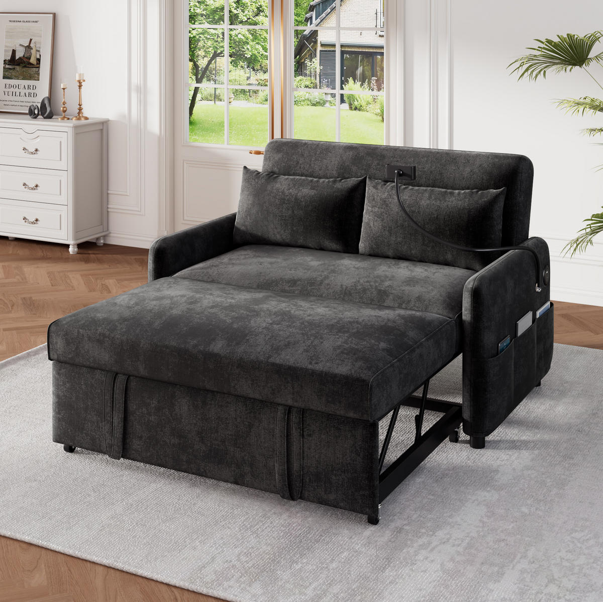 SCHLAFSOFA aus Chenille 129x76x81 cm Grau ausziehbar mit USB-Anschluss, verstellbarer Rückenlehne und Seitentaschen - Grau, Textil (76/81/129cm) - Modfu