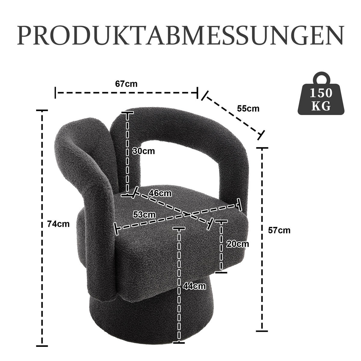 OTOČNÉ kreslo 55/67/74 cm tmavosivé z bouclé s 360° otáčaním a čalúnenými podrúčkami - tmavosivá, textil (55/74/67cm) - OKWISH