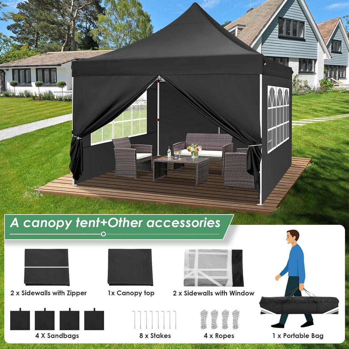 FALTPAVILLON 3 x 3 m Schwarz mit 4 Seitenwänden - Schwarz, Textil (299.7/320/299.7cm)