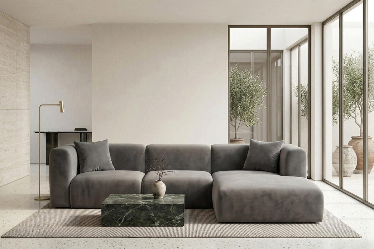 ECKSOFA L-Form, Velvet-Stoff Bluvel, Aschgrau, Rechts, GRETA - Grau, Holz (318/179cm) - Kaiser Möbel