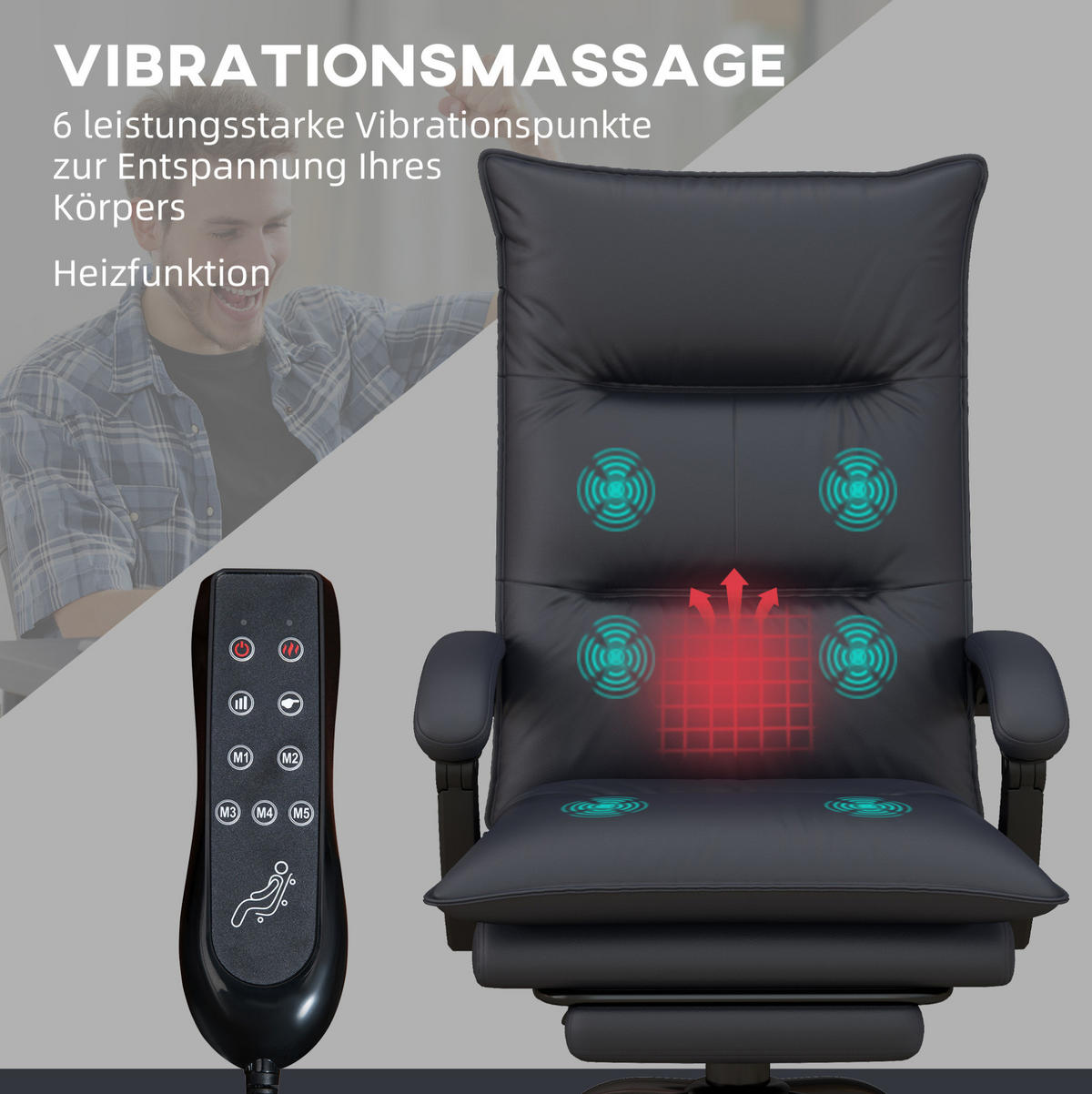 BÜROSTUHL mit Massagefunktion und Fußstütze höhenverstellbar Dunkelgrau - Dunkelgrau, Kunststoff (74/121.5/66cm) - Meubliv
