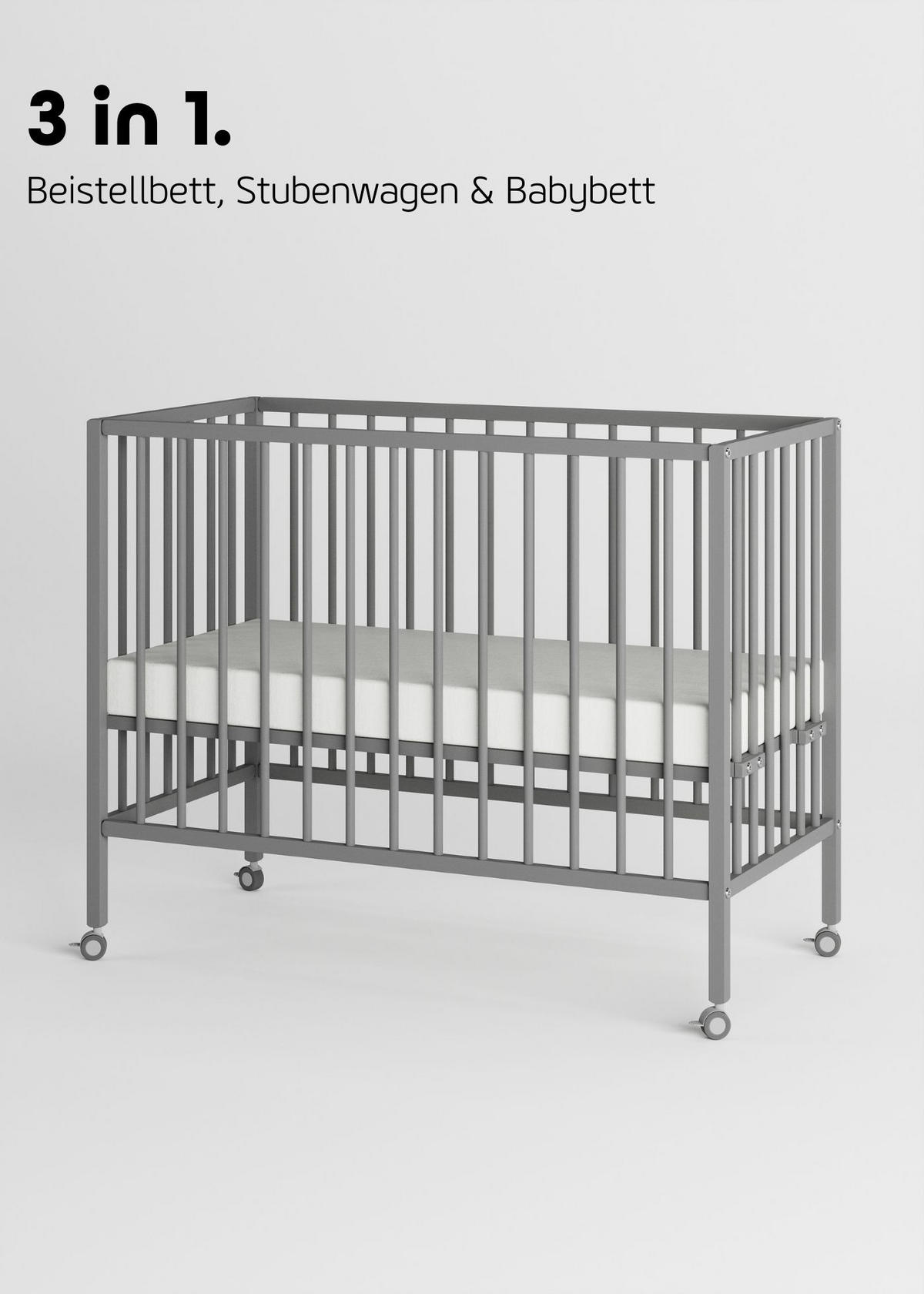 BEISTELLBETT Matratze SleepPlus, Rollen & Umbauseite - grau - Dreamy 4 in 1 Bett - Grau, Holz (120/90/60cm) - Sämann – make a difference.