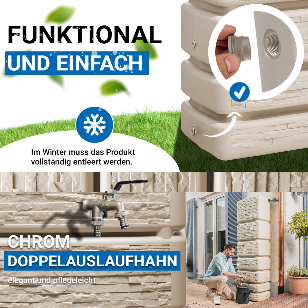 REGENTONNE Wandtank Komplett-Set 350 L, sandbeige inkl. Chrom-Doppelauslaufhahn und Fallrohranschluss - Beige, Kunststoff (39/184/60cm) - 4rain