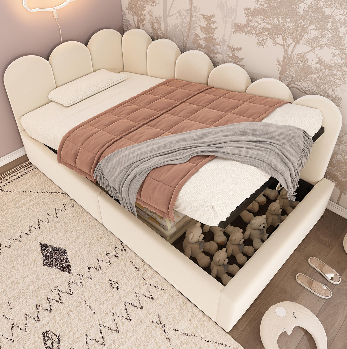 KINDERBETT Polsterbett 90/200 cm aus Samt mit hydraulischem Stauraum Beige - Beige, Textil (90/200cm) - Modenvie