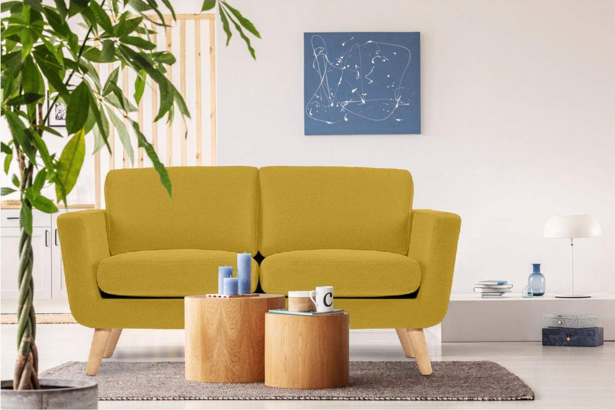 SOFA TAGIO mit Armlehnen, Gelb - Gelb/Braun, Buchenholz/Textil (153/80/84cm) - KONSIMO®