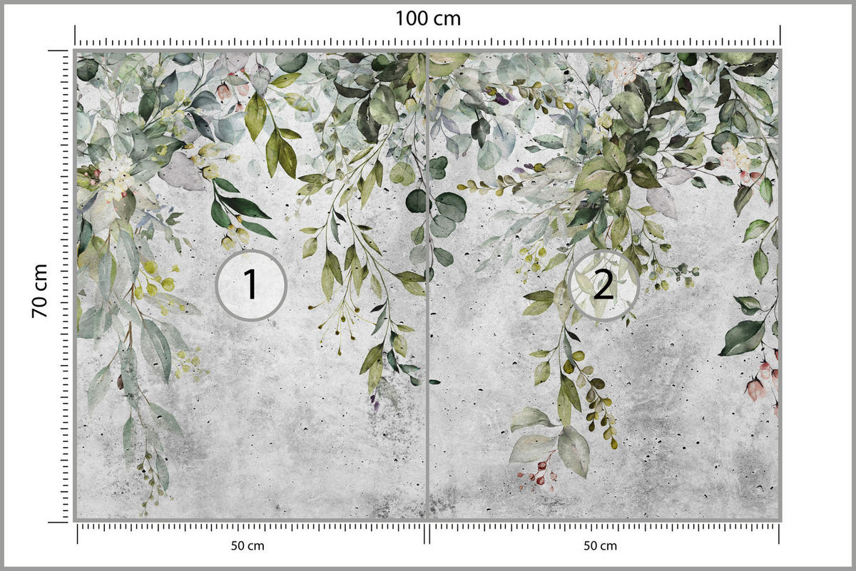 FOTOTAPETE Blätter auf Beton Abstraktion Vintage 100x70 - Grau/Grün, Papier (100/70cm) - Muralo