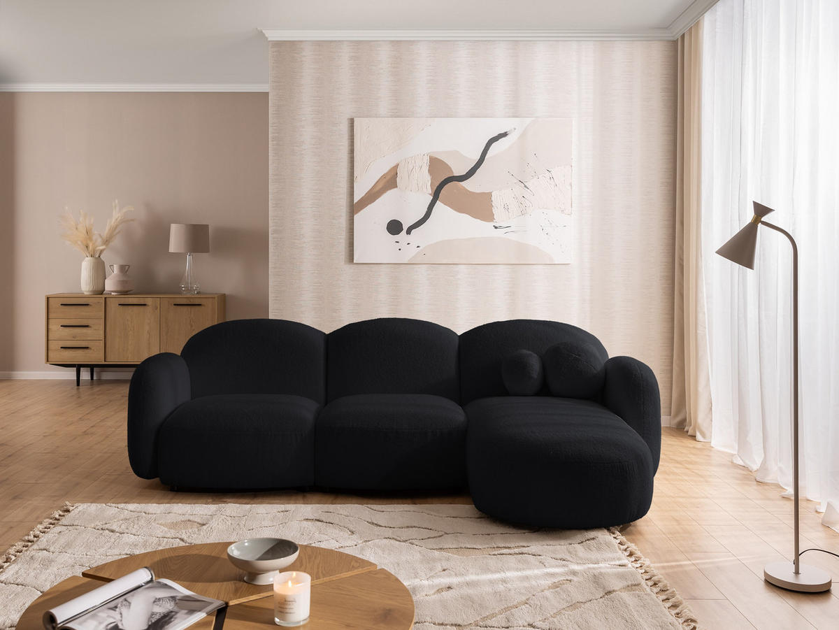 ECKSOFA Nuvola mit abgerundetem Design Schwarz Bouclé-Stoff - Ottomane Rechts - Schwarz, Holz/Kunststoff (268/146cm) - S-Style Möbel