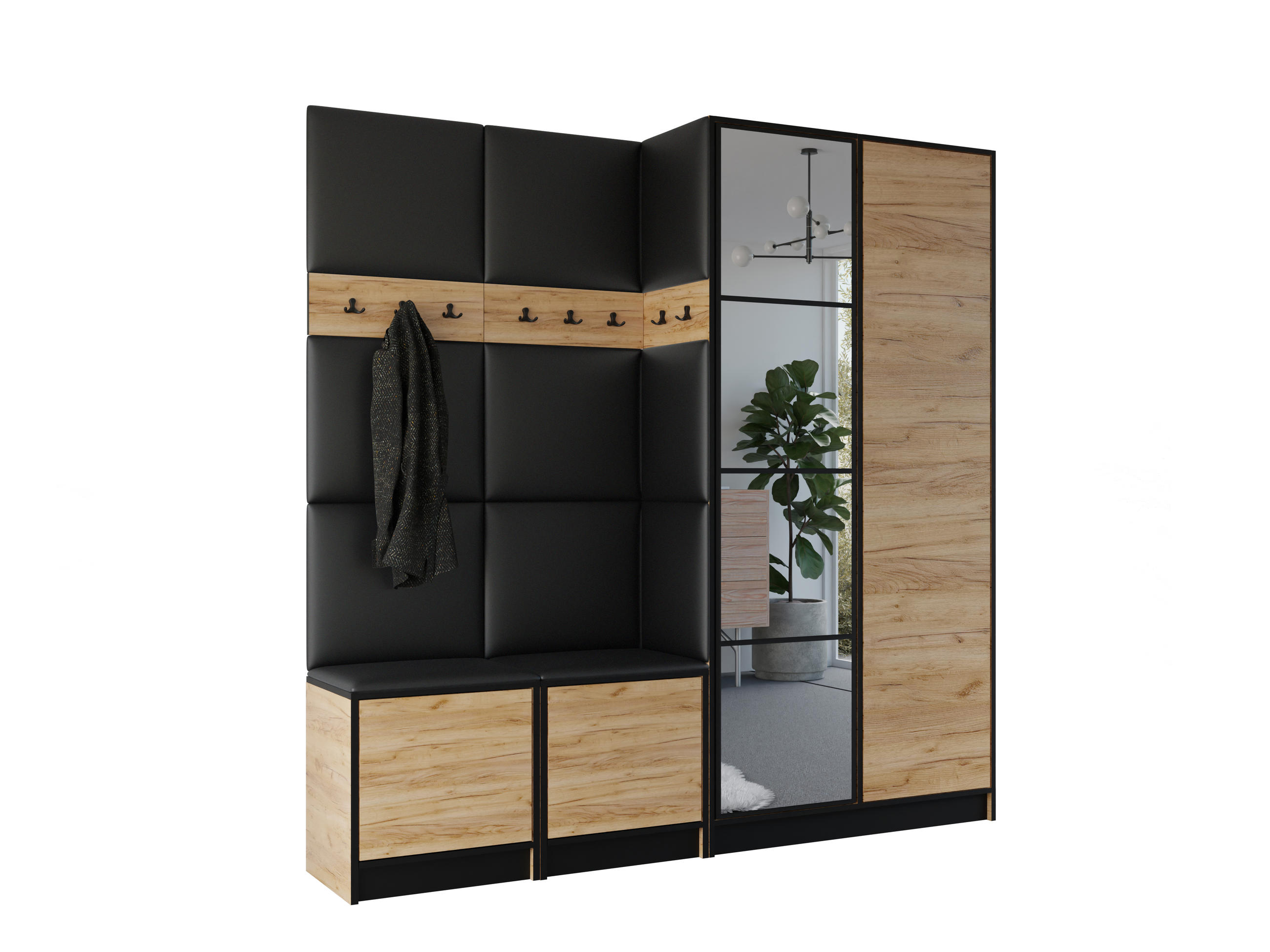 GARDEROBENSCHRANK EDEN 21 mit Spiegel - Eiche Craft Gold & Stoff Ökoleder Schwarz - Honigeiche, Holzwerkstoff (211/205/39cm) - Kier Furniture