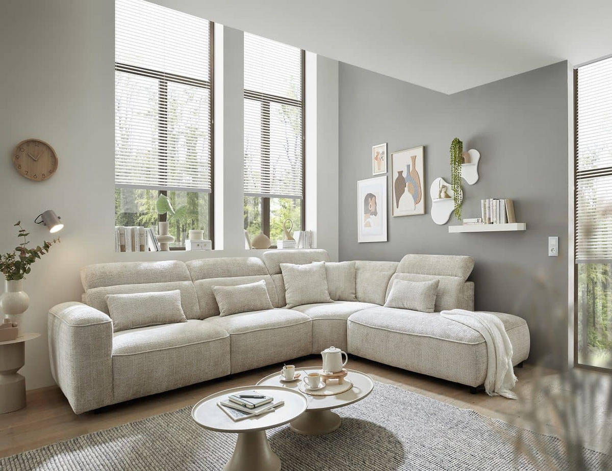 ECKSOFA mit 5-fach verstellbare Kopflehnen und pflegeleichter Mikrofaser-Chenille-Bezug - Taupe/Schwarz, Kunststoff/Textil (285/339cm) - ed exciting design