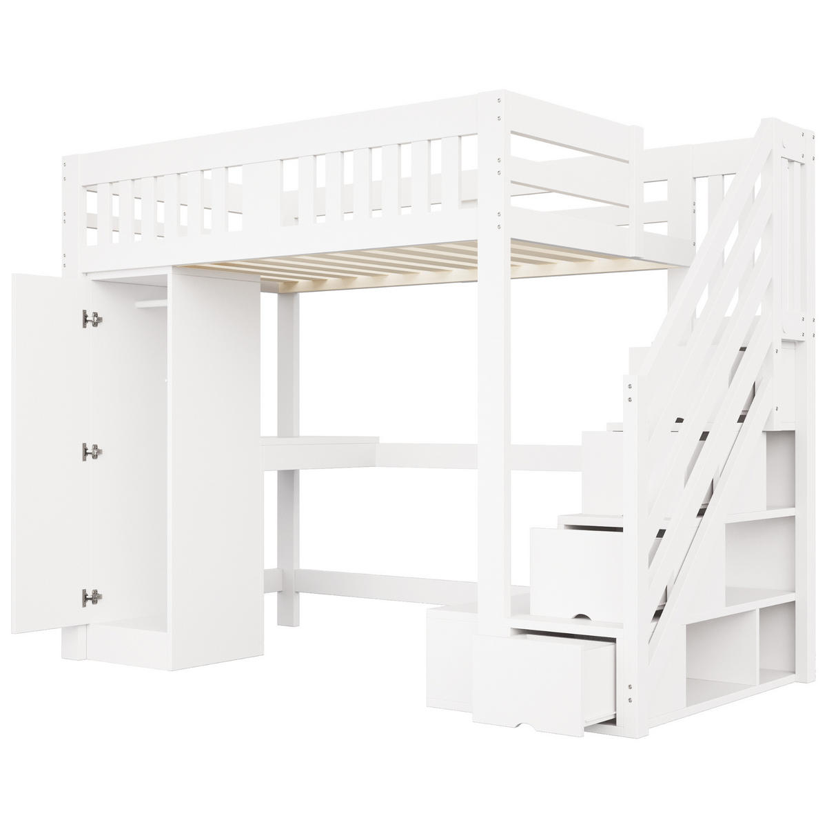 HOCHBETT 140/200 cm weiß aus Holz mit Stauraumtreppe, Schreibtisch und LED - Weiß, Holzwerkstoff (140/200cm) - OKWISH