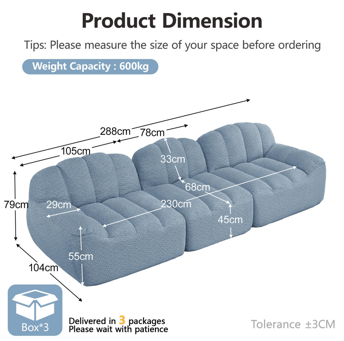 SOFA modular rahmenlos Granular Fleece Blue - Blau, Textil (288/79/104cm) - IVMEU