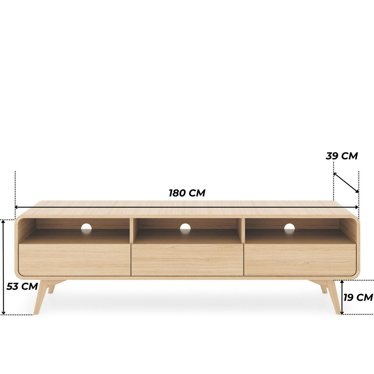 TV-LOWBOARD ATEA RTV180 180 cm (Vicenza Eiche, Abgerundete Kanten, Holzfüße, Push to Open) - Eichefarben, Glas/Holz (180/53/39cm) - Ravio