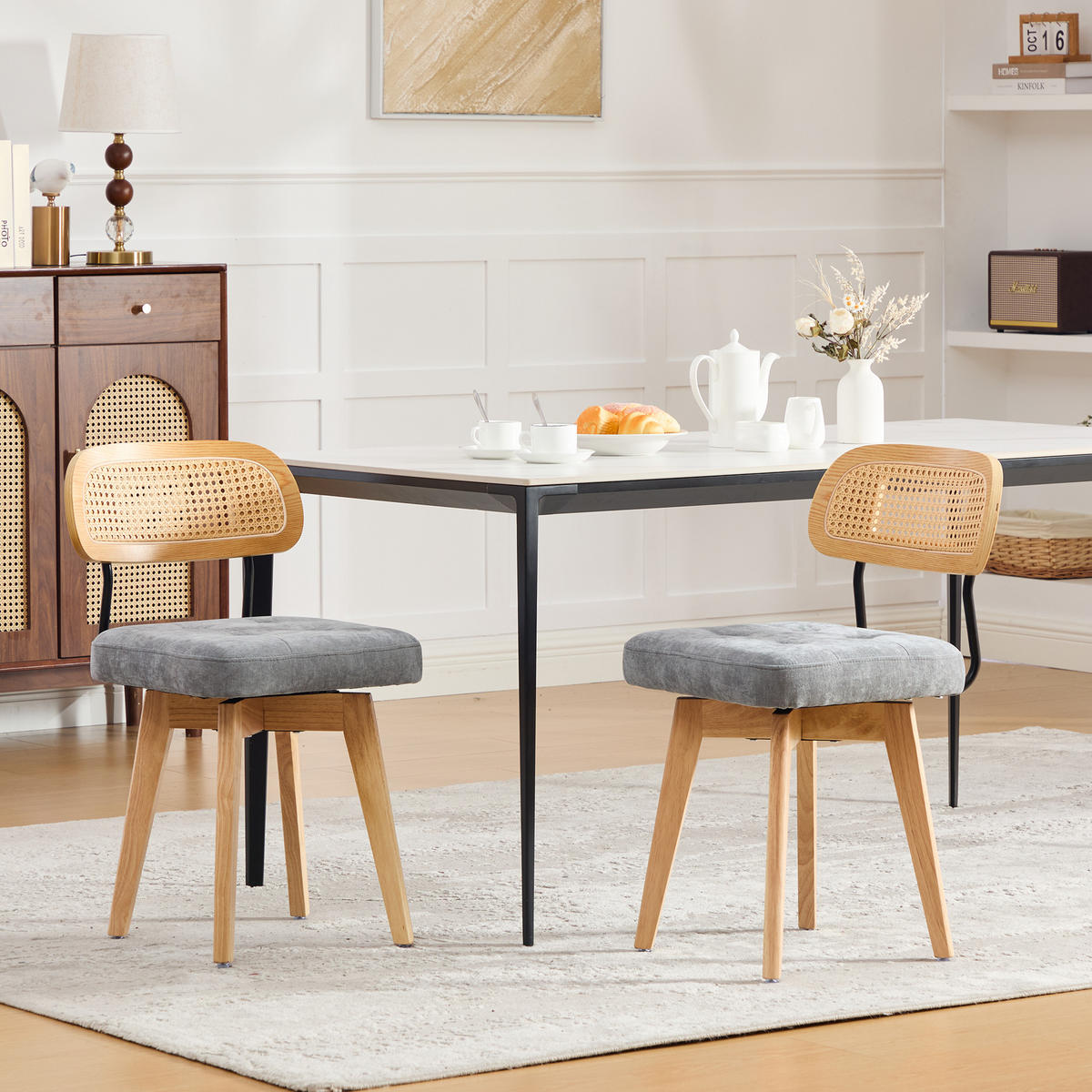 ESSZIMMERSTUHL 2er Set 360° drehbar, Wiener Geflecht, Chenille, Massivholz, Grau - Eichefarben/Grau, Holz/Textil (43/77/50cm) - LVHOM