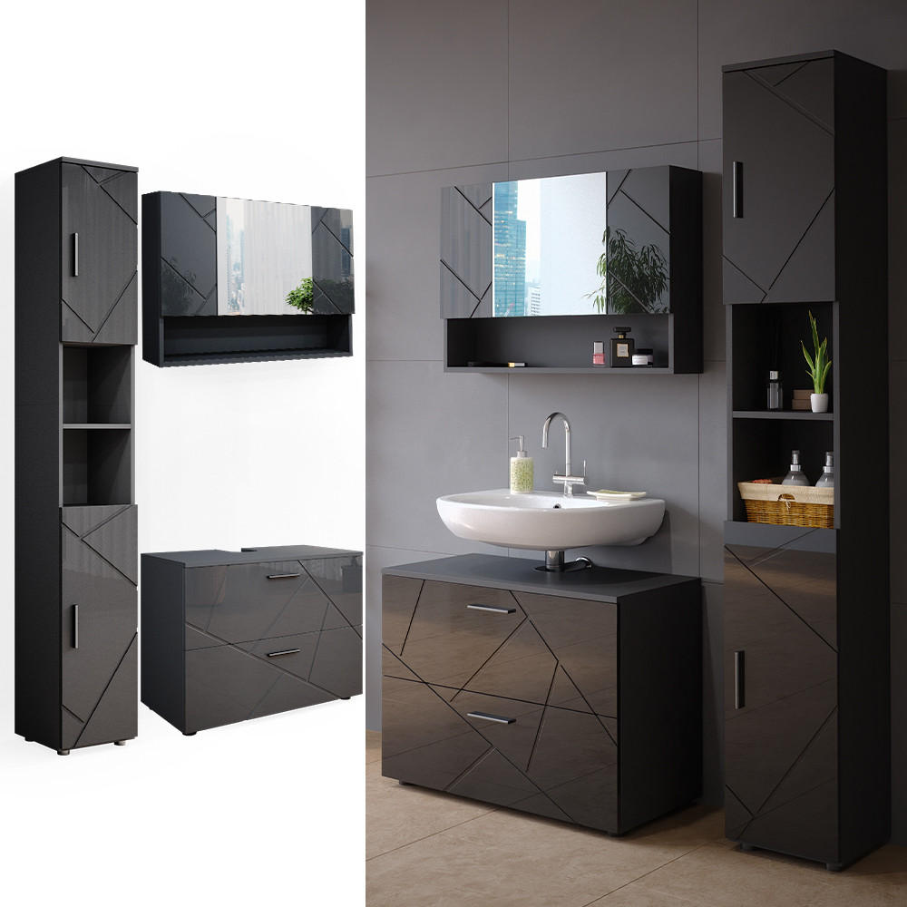 BADMÖBEL-SET Irma Anthrazit Hochglanz 3 Teile mit Spiegelschrank 80 cm - Anthrazit, Holzwerkstoff (80/58.6/41cm) - Vicco