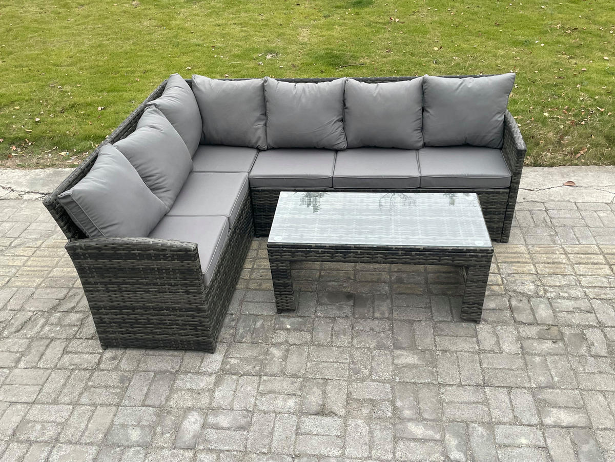 SITZGRUPPE mit Ecksofa,Länglicher Couchtisch Polyrattan 6-Sitzer - Dunkelgrau/Grau, Glas/Kunststoff - Fimous