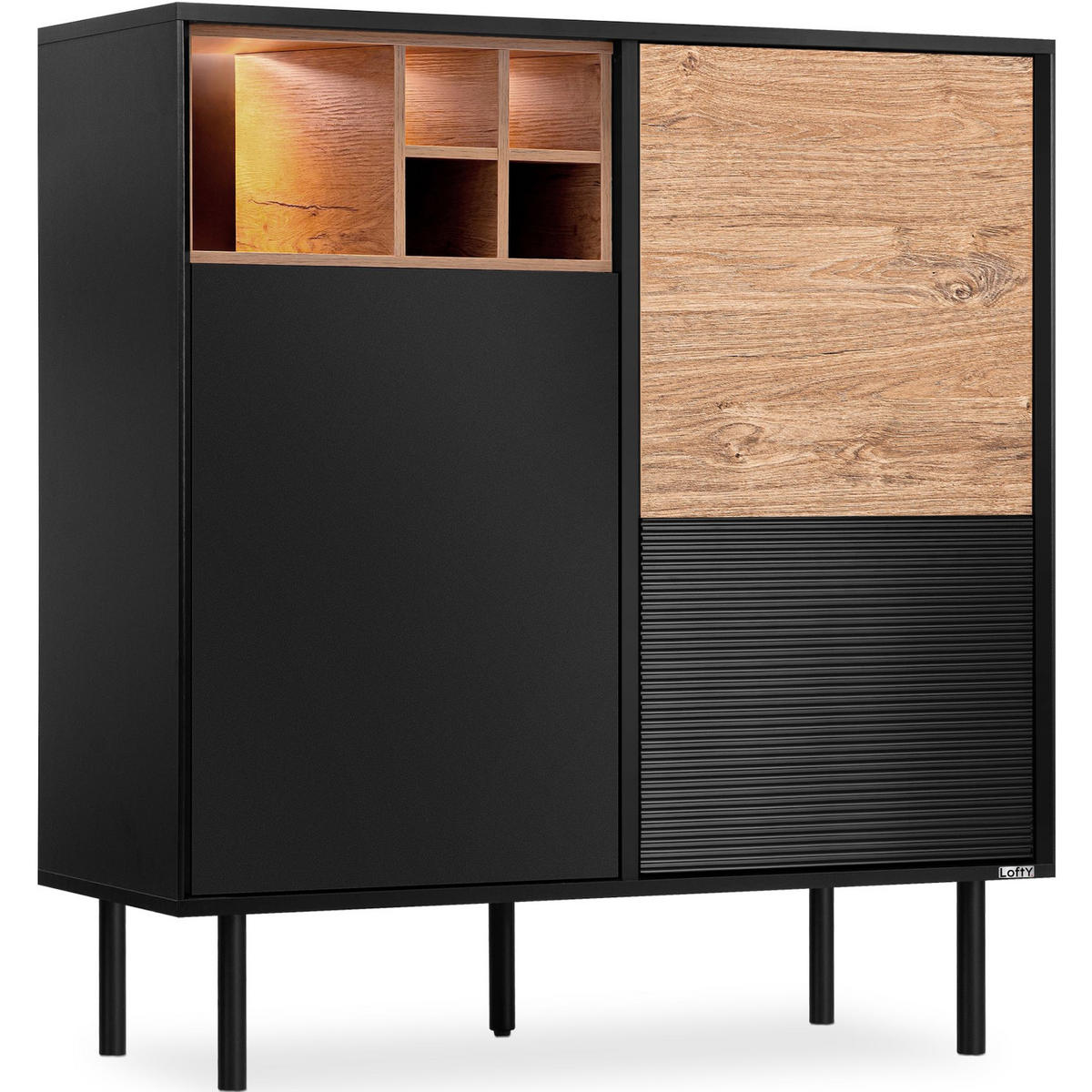 KOMMODE LOFTY Weineinlage, schwarz / Eiche natur - Eichefarben/Multicolor, Holzwerkstoff (102/109/41cm) - KONSIMO®