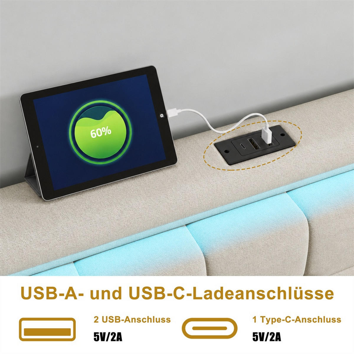 POLSTERBETT 140x200 cm Lumina Smart mit 3-Zonen RGB-LED, USB & USB-C, 4 Schubladen, Leinen-Optik, Beige - Beige, Textil (140/200cm) - DELFA