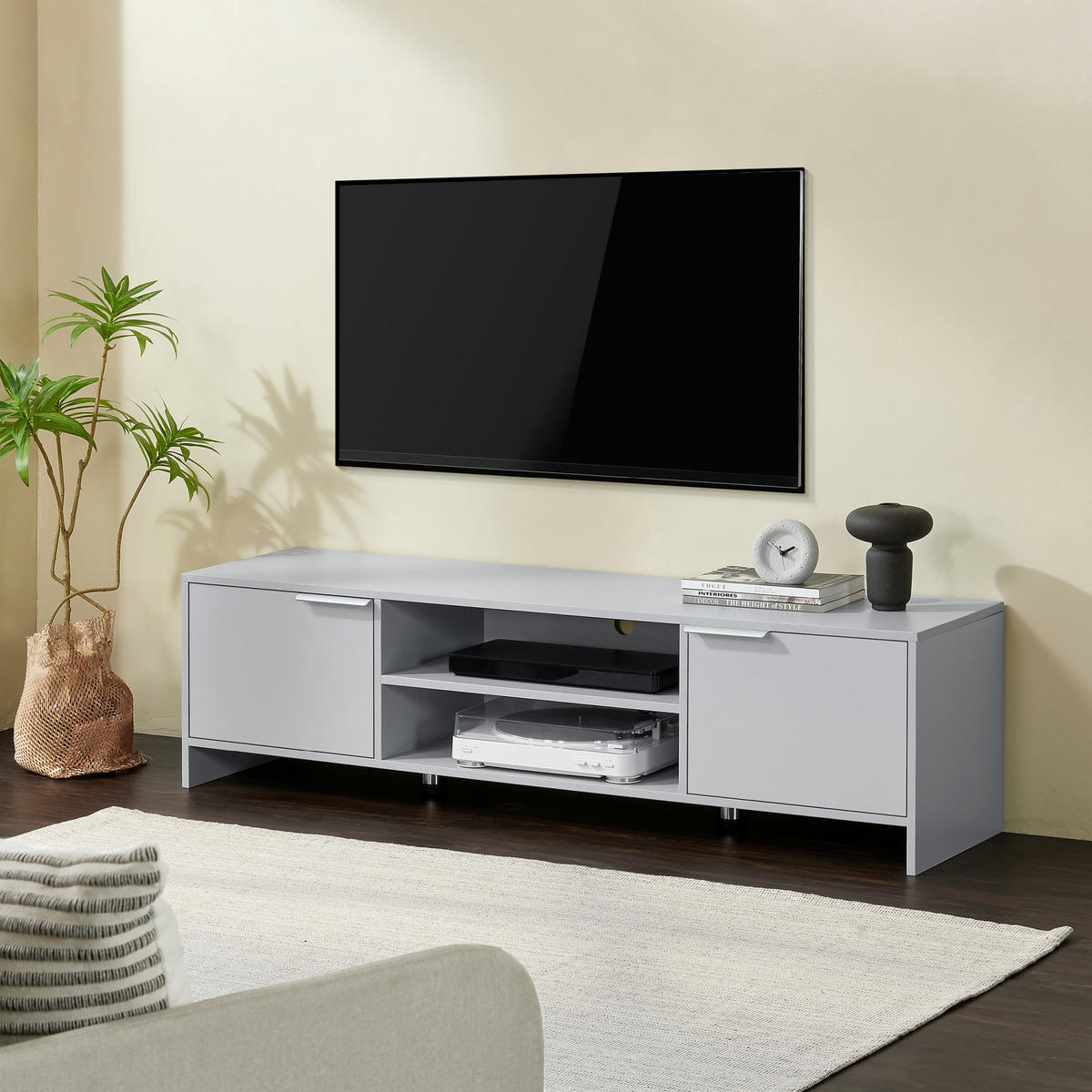 NÍZKÁ SKŘÍŇ Stevns - světle šedá, kov/kompozitní dřevo (145/40/38cm) - [en.casa]