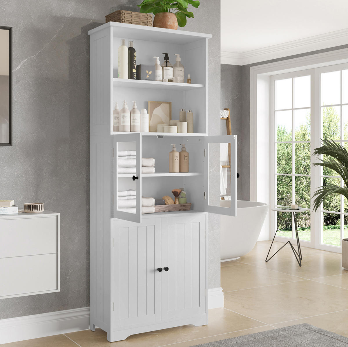 HIGHBOARD 57,5/28,5/160 cm in Weiß mit Glastüren und offenen Fächern - Weiß, Holzwerkstoff (57.4/160/28.5cm) - BEAOK