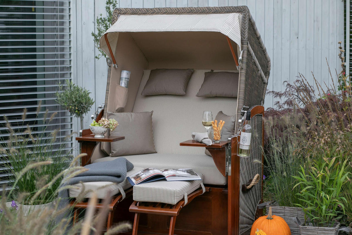 STRANDKORB Komplettset Seeblick Mahagoni PE Grey Dessin 510 - Beige/Braun, Naturmaterialien/Metall (125/170/80cm) - Mr. Deko