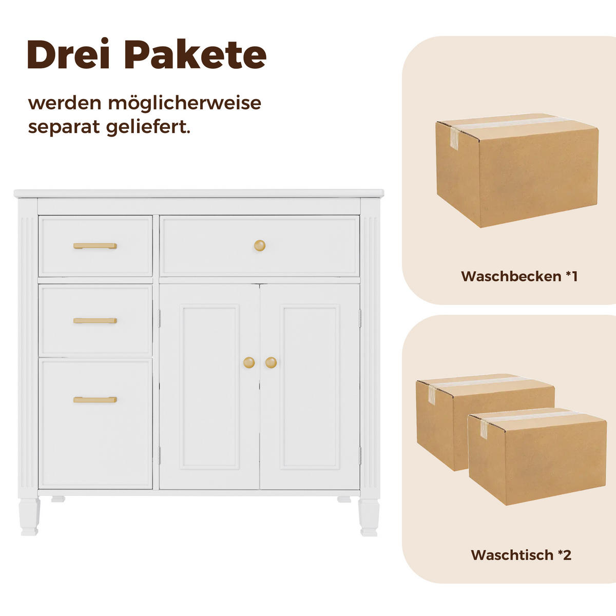WASCHTISCHKOMBI 91.5/46.5/87 cm Weiß mit 2 Schubladen, ohne Wasserhahn - Goldfarben/Weiß, Holz/Holzwerkstoff (46.5/87/91cm) - Oxeza