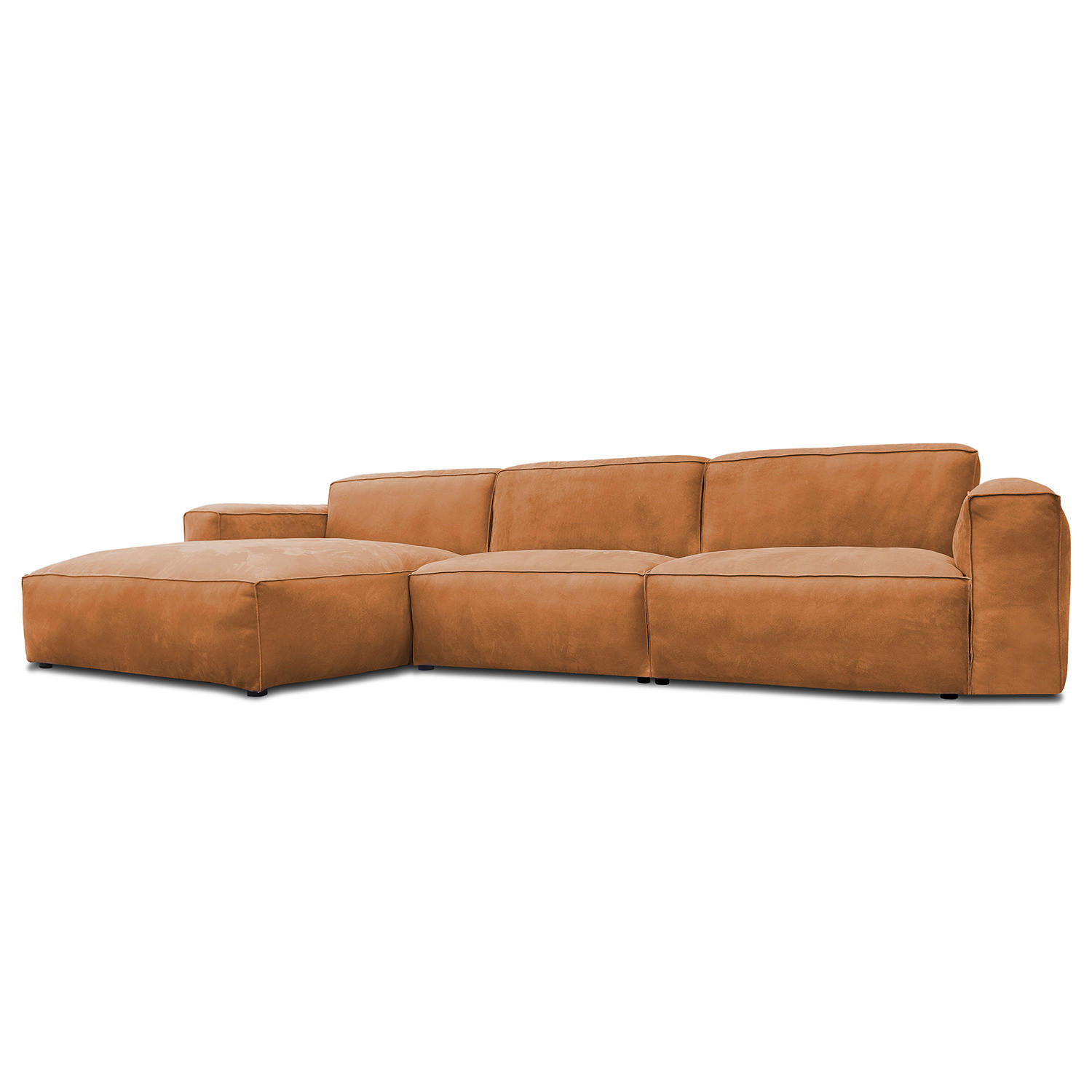 ECKSOFA mit Longchair - Cognac/Schwarz, Leder/Kunststoff (345/170cm) - home24
