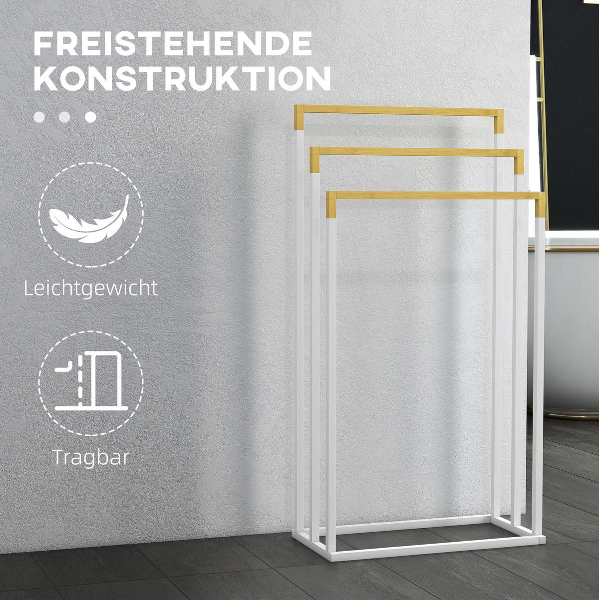 HANDTUCHSTÄNDER 45x22.5x86 cm Weiß aus Stahl & Bambus mit 3 Etagen & freistehend - Weiß, Metall (22.5/86/45cm) - Modfu