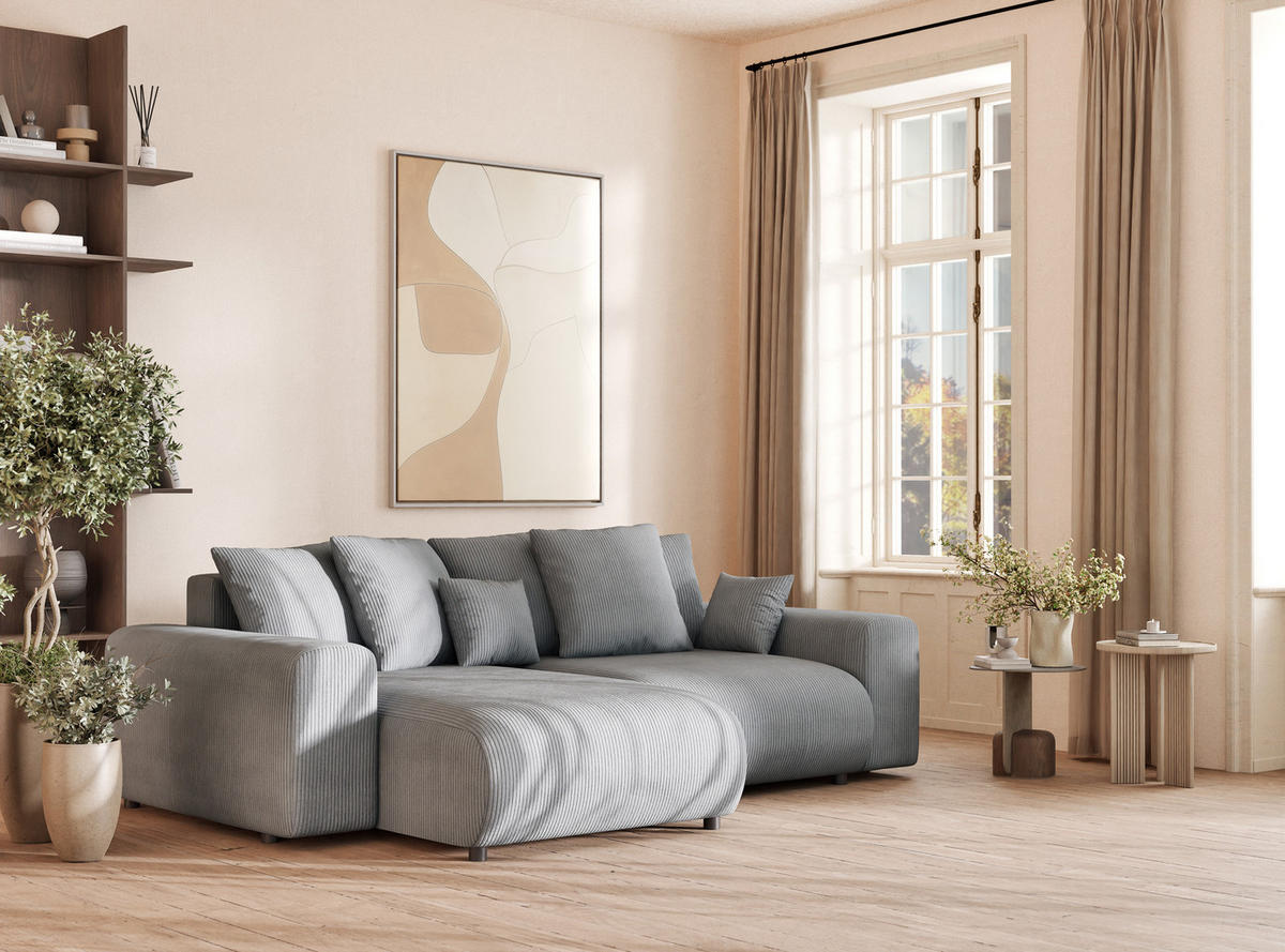 ECKSOFA MIT SCHLAFFUNKTION Solo Hellgrau Samtstoff - Blaugrau/Schwarz, Holz/Holzwerkstoff (255/168cm) - Maison de Reve