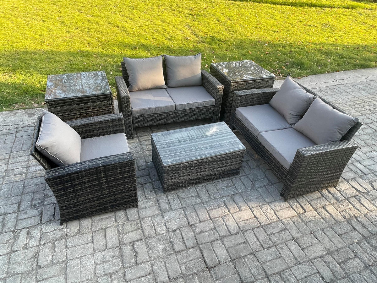 GARTENSOFA Hohe Rückenlehne Polyrattan Dunkelgrau 5-Sitzer - Dunkelgrau, Metall - Fimous