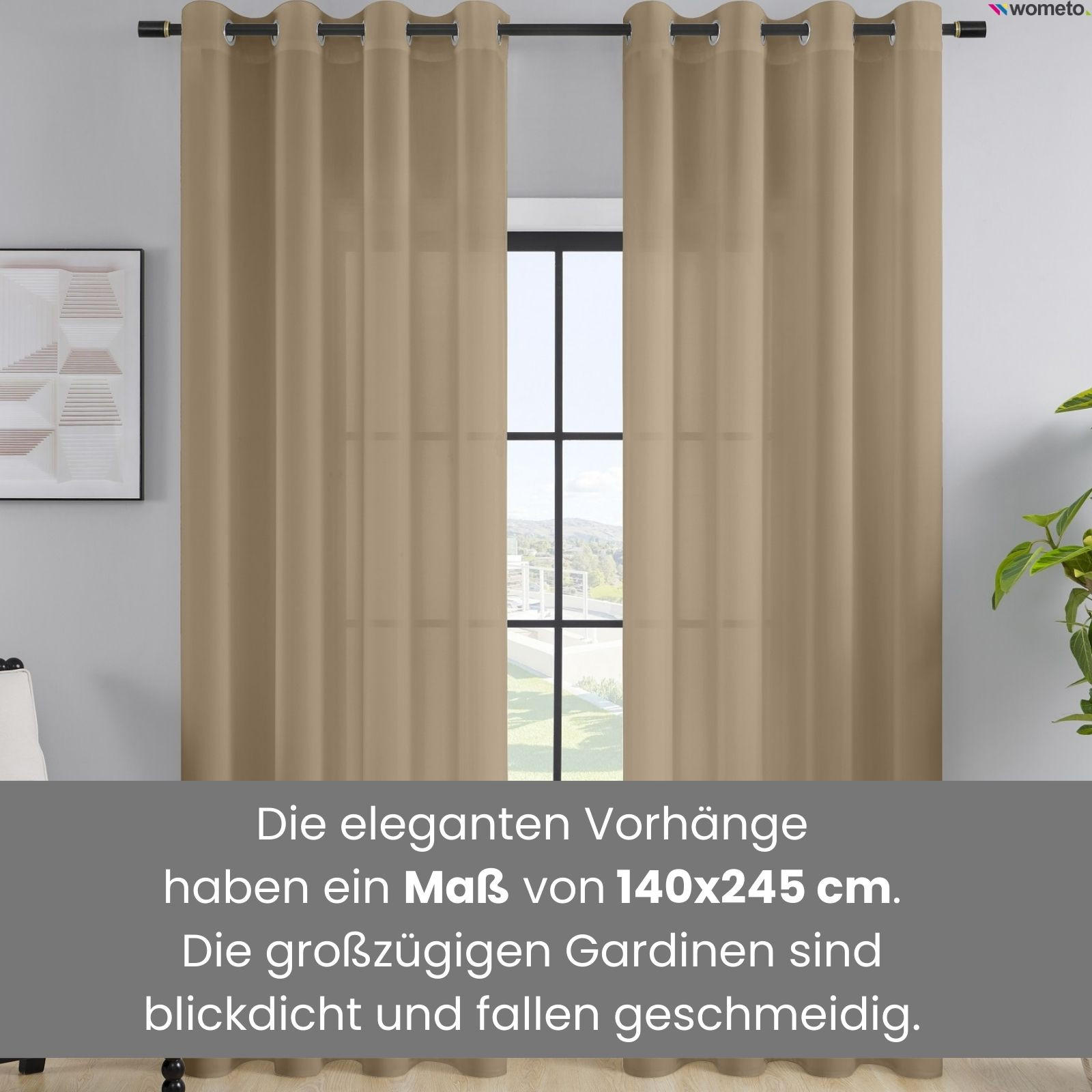 Thumbnail - wometo Vorhang, Beige, Textil, 140x245 cm, Oeko-Tex®, Wohntextilien, Gardinen & Vorhänge, Fertiggardinen, Ösenschals