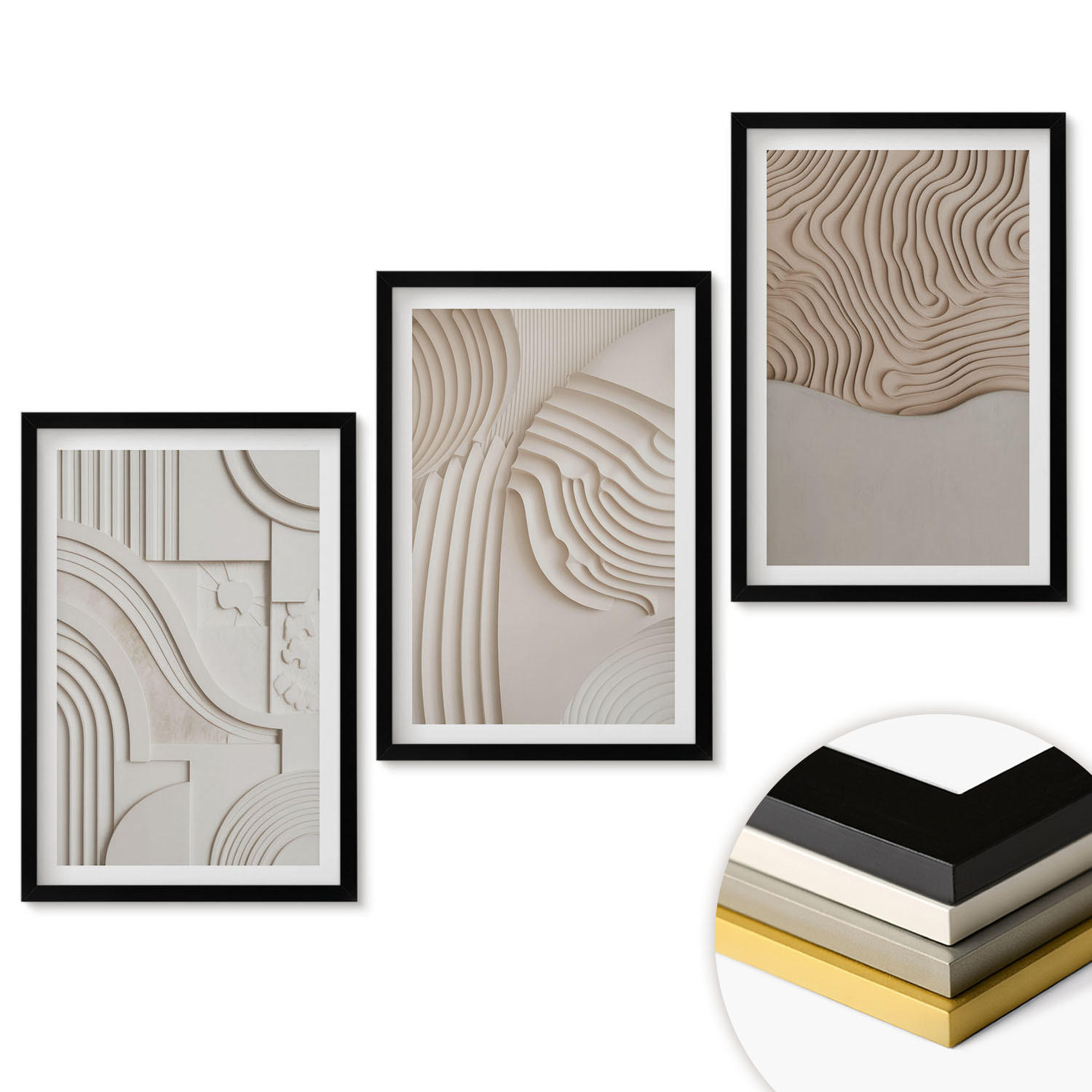 WANDBILDER 3er-Set - 40x60 cm Schwarzer Rahmen - Abstrakte Muster beige weiß - Schwarz, Kunststoff (40/60cm) - ArtPrintCave