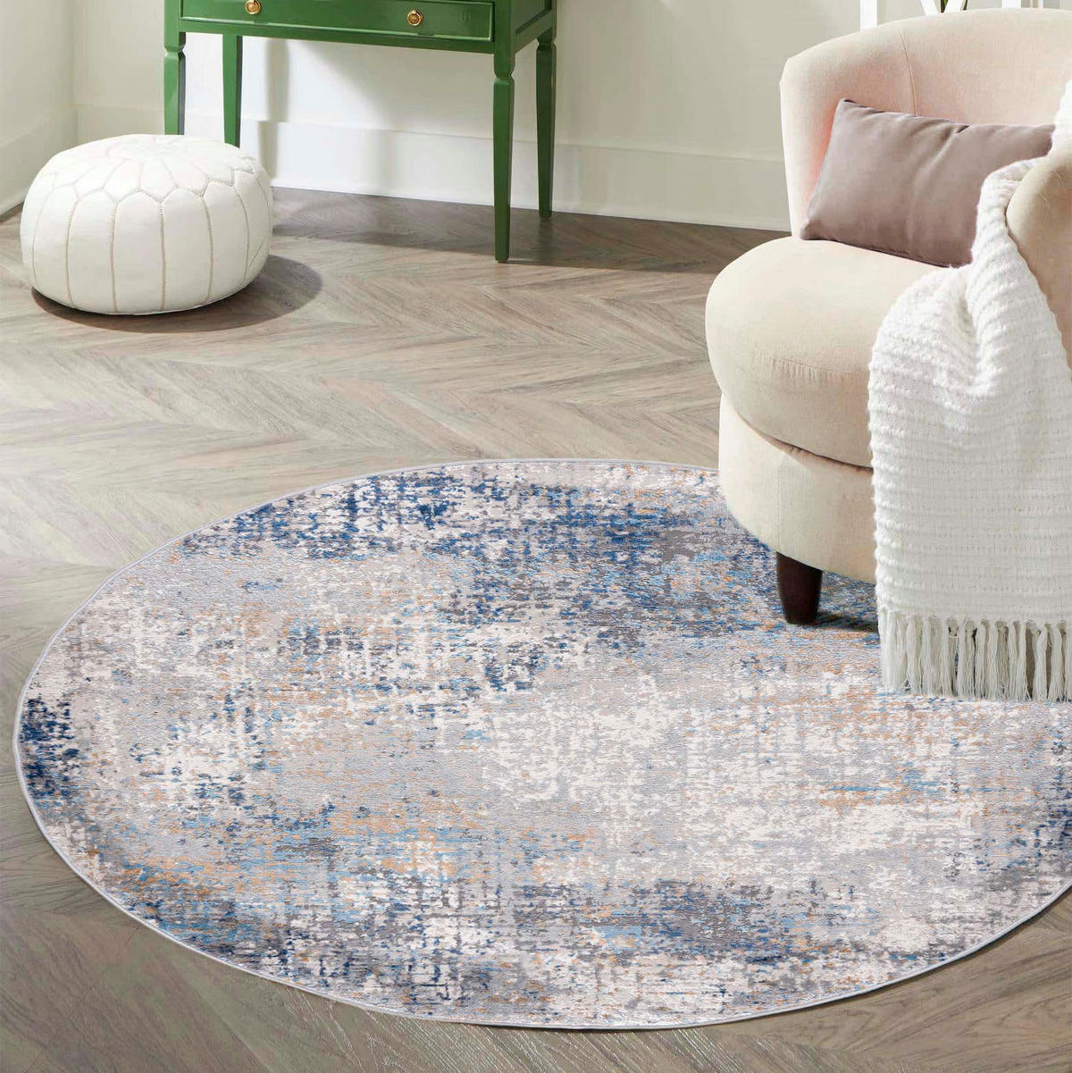 TEPPICH Beige Rund Abstrakt Kurzflor - 120 x 120 cm - Blaugrau, Textil (120/120cm) - Mazovia