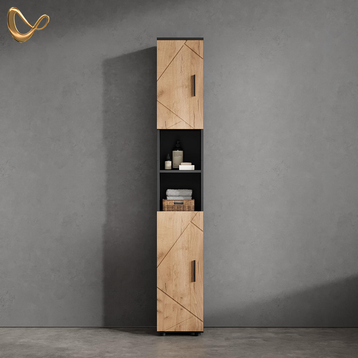 BADSCHRANK Ronco Goldkraft Eiche/Anthrazit 30 x 192 cm - Eiche Wotan, Holzwerkstoff (30/192/30cm) - Livinity®