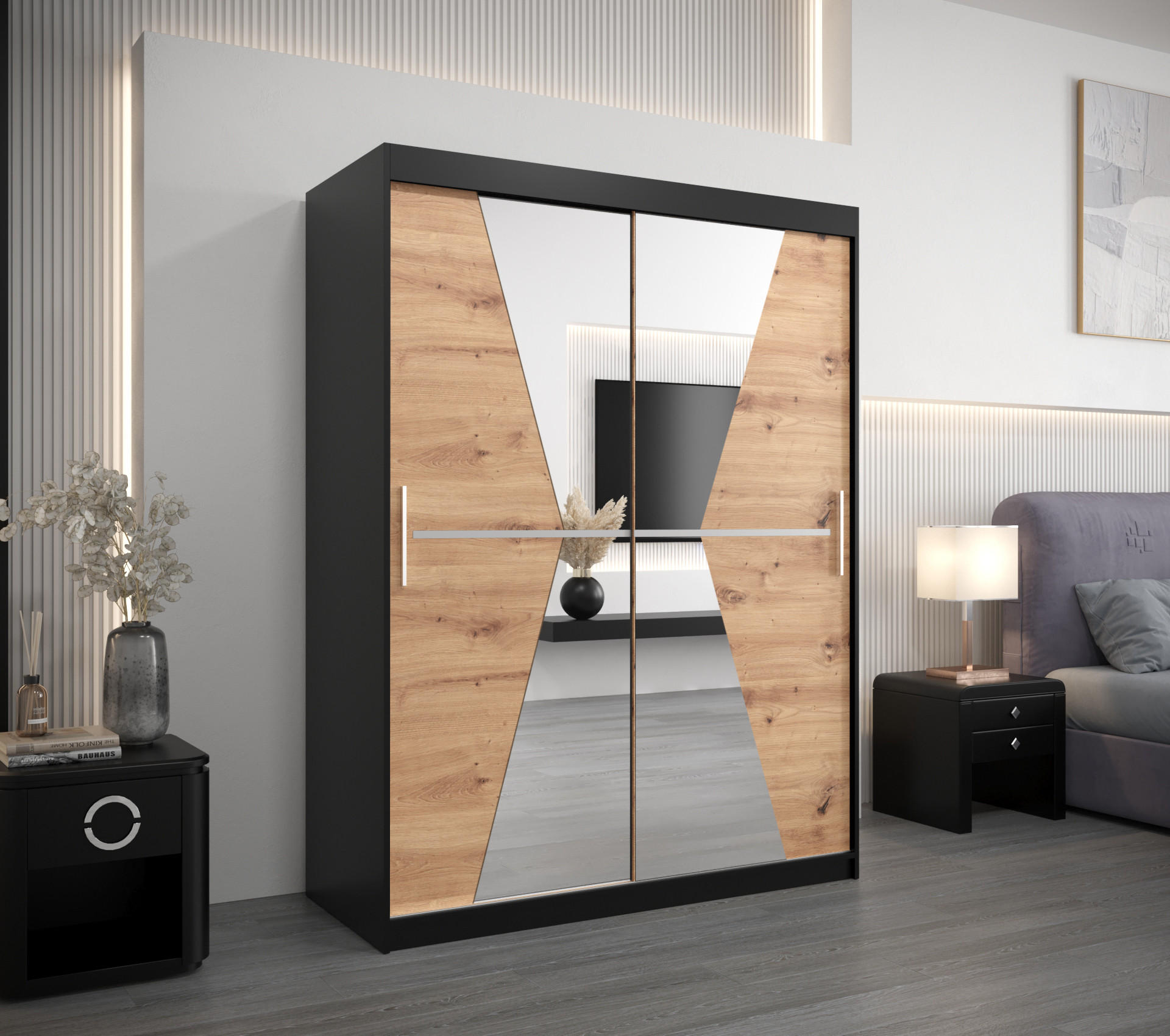 SCHWEBETÜRENSCHRANK 200/150/62 2-türig - Silberfarben/Schwarz, Holz/Kunststoff (150/200/62cm) - Abiks Möbel