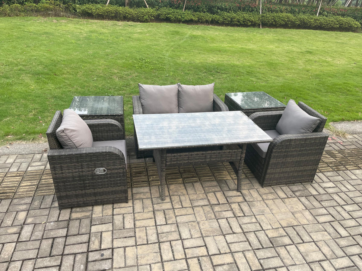 GARTENMÖBEL SET mit Beistelltischen,Zweisitzer Polyrattan 4-Sitzer - Dunkelgrau/Grau, Glas/Kunststoff - Fimous