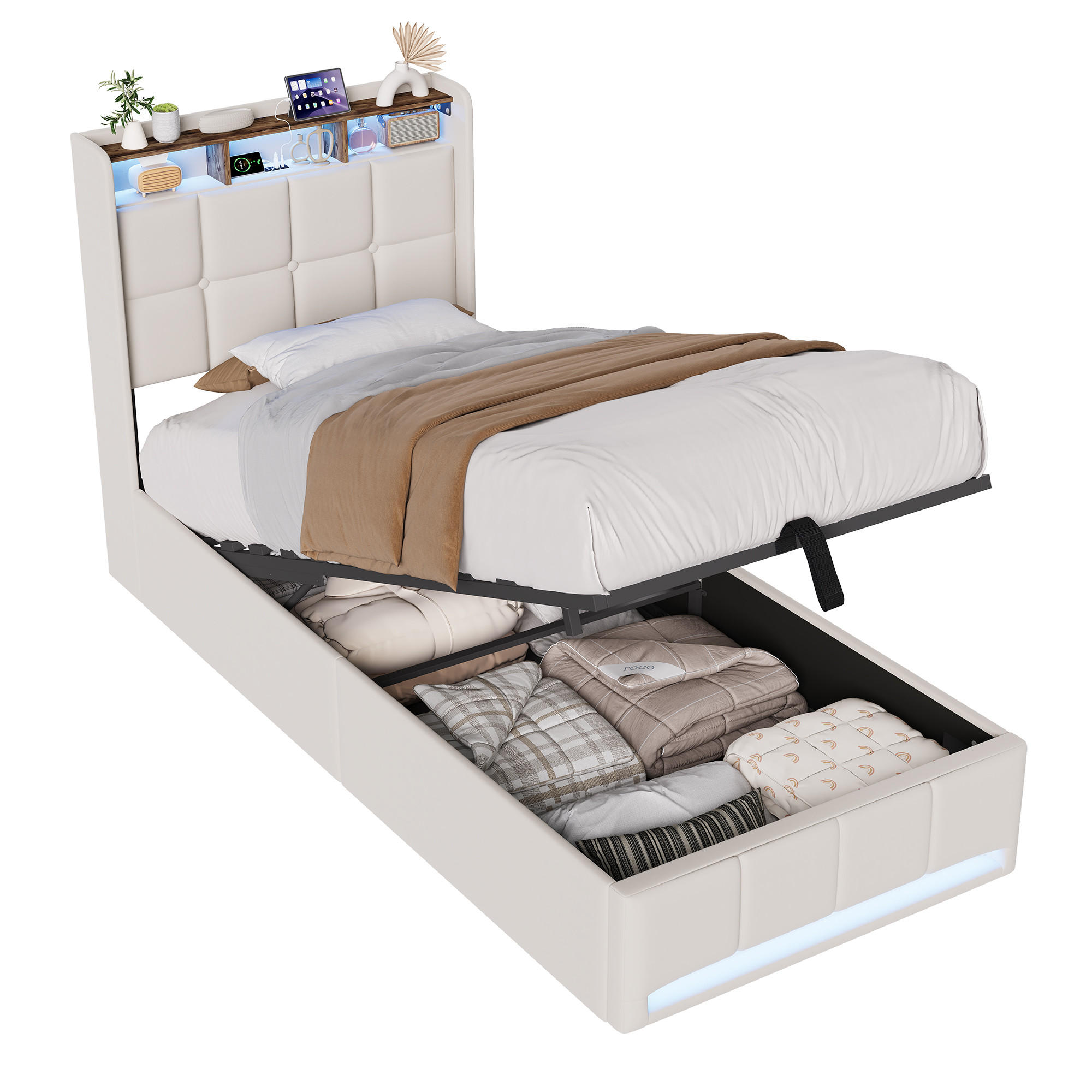 ČALÚNENÁ posteľ 90x200cm béžová ľanová, 2 zásuvky, LED, USB, úložný priestor - béžová, drevo - SHOPENTRA