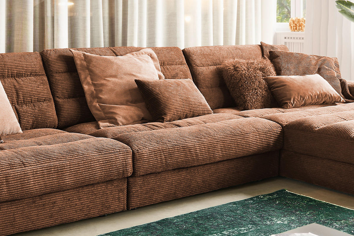 ECKSOFA XL LANA Braun Cord - Dunkelbraun/Schwarz, Textil (416/205cm) - KAWOLA