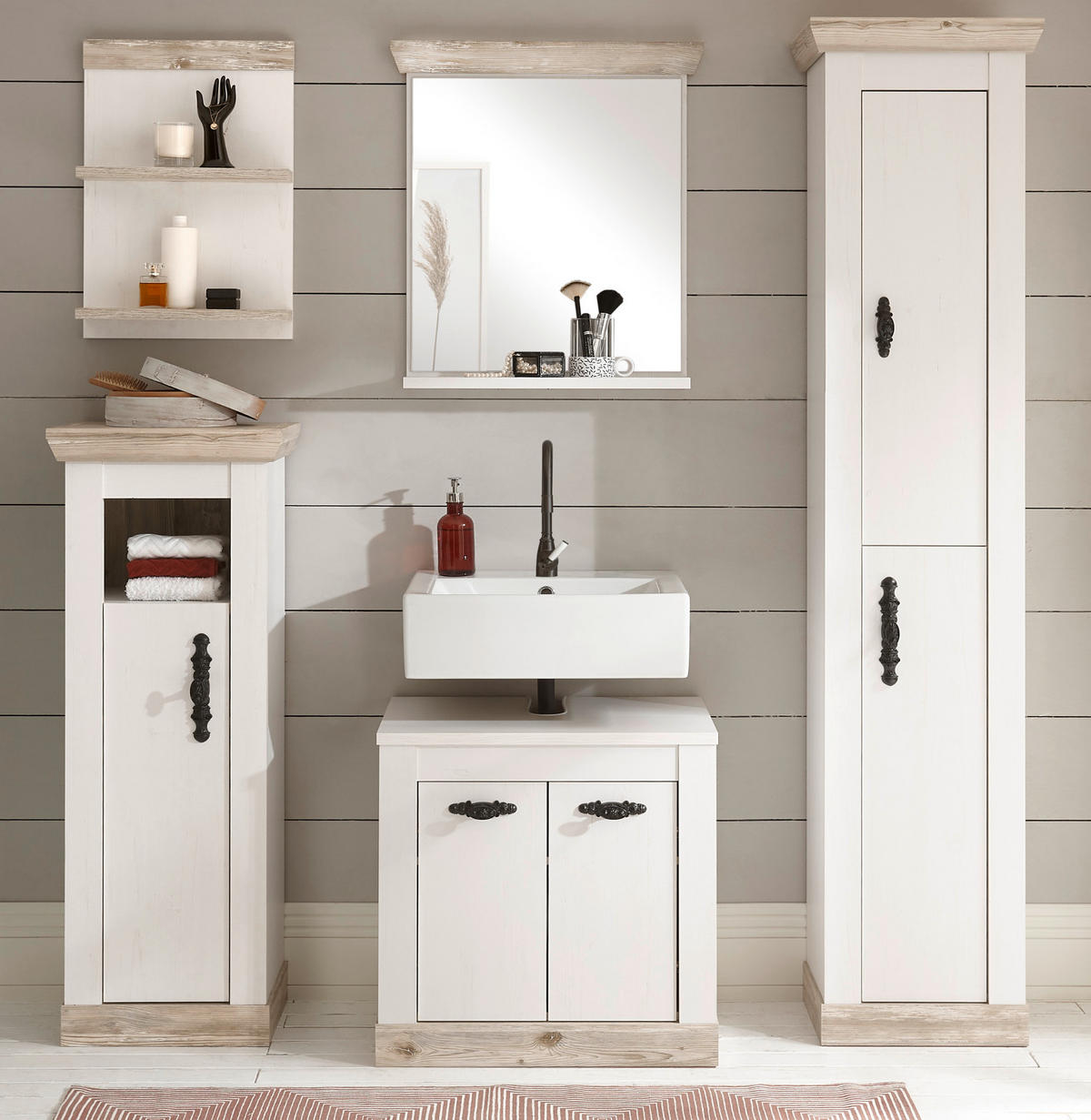 BADKOMBINATION Pinie weiß, Oslo Pinie Landhaus, Badmöbel Set 5-tlg., 184 x 200 cm - Dunkelgrau/Weiß, Holzwerkstoff/Metall (184/200/46cm) - Furn.Design