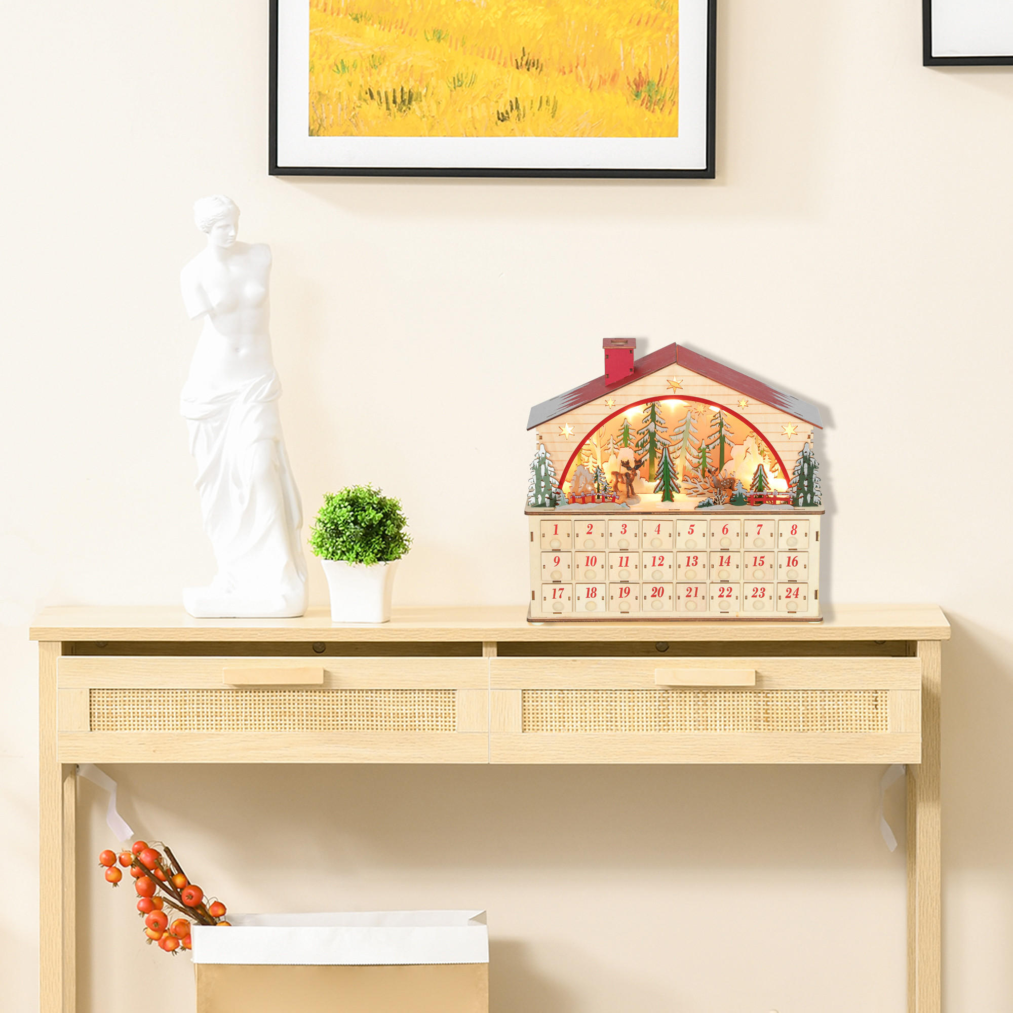 ADVENTSKALENDER zum Befüllen 24 Schubladen Fächer Weihnachtskalender Naturholz - Naturfarben, Holzwerkstoff (10/34/36cm) - HOMCOM