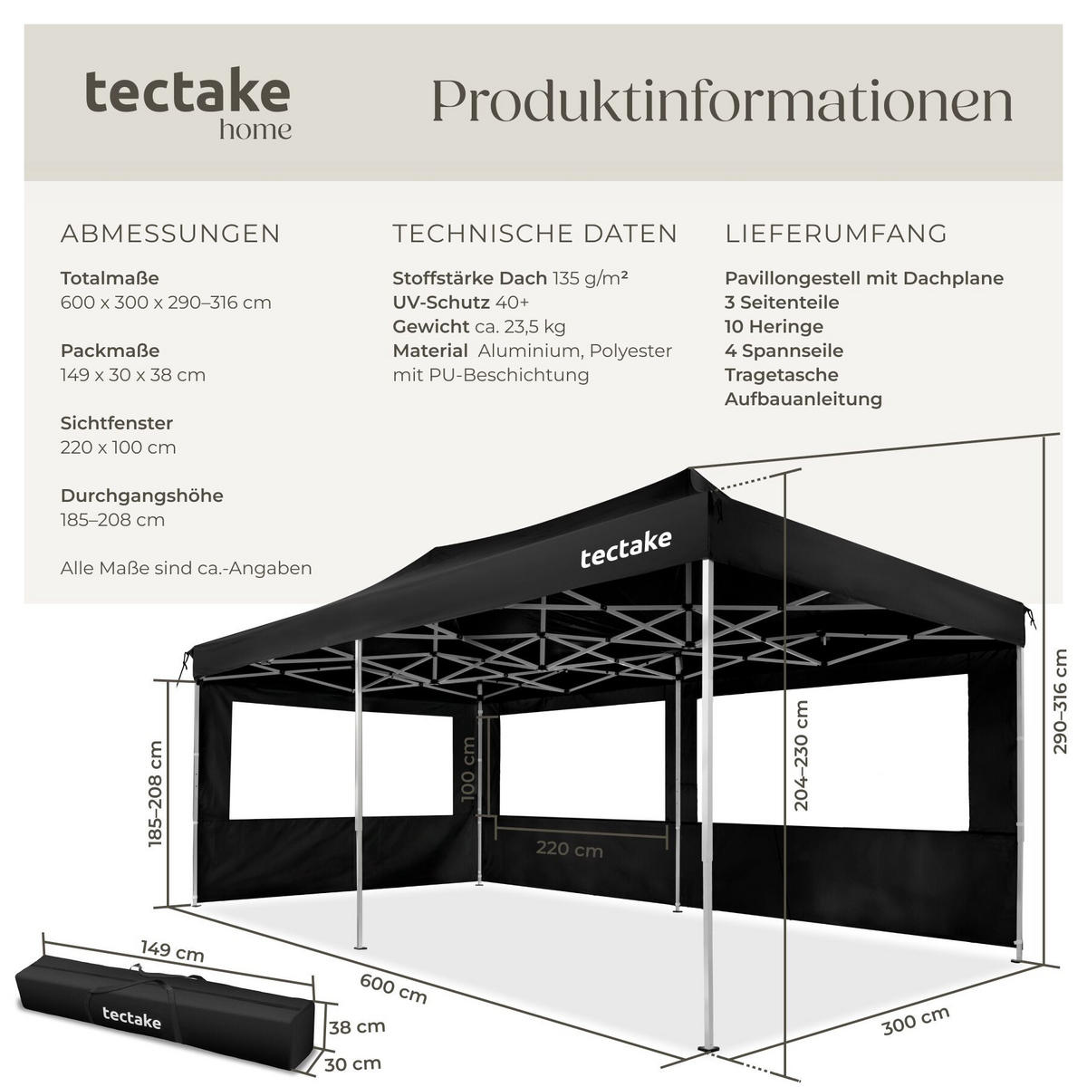 FALTPAVILLON aus Aluminium Viola, inklusive Spannseilen, Heringen und Tragetasche, schwarz - Schwarz, Kunststoff (300/316/600cm) - tectake