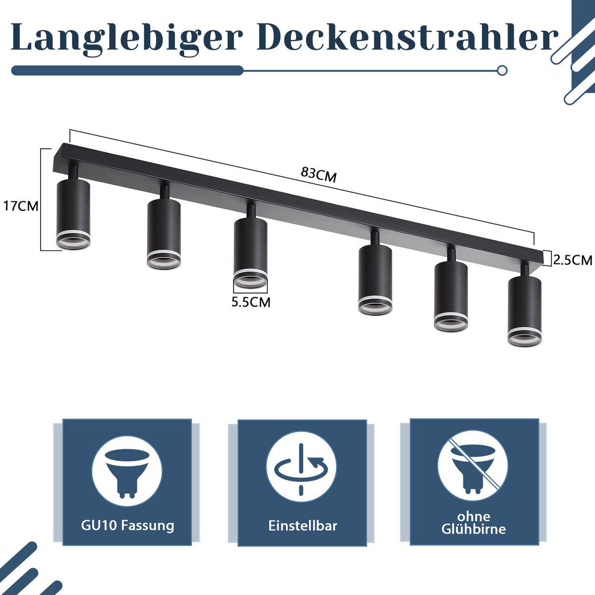 STRAHLER Vilbel 6-flammig 83/5/17 cm - Schwarz, Metall (83/5/17cm) - Nettlife
