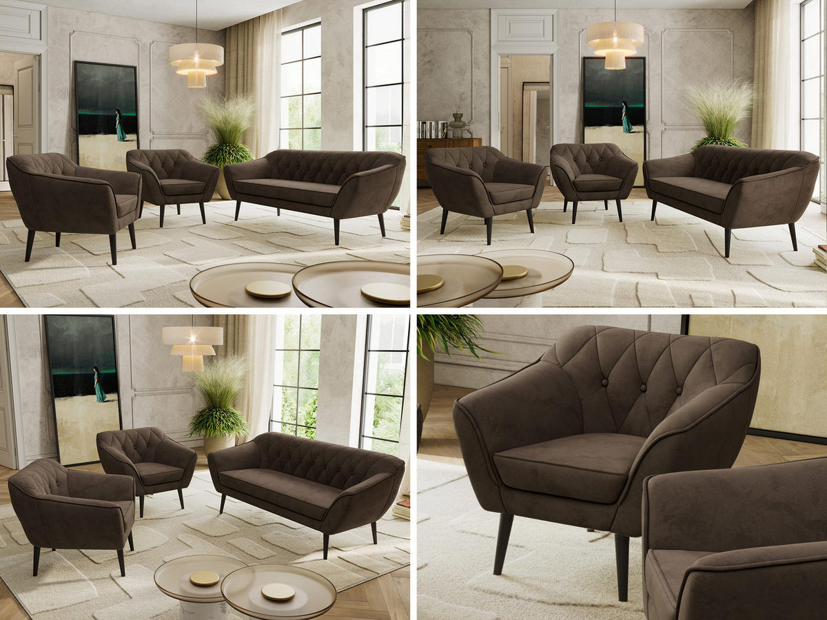 SITZGARNITUR PIRS 3+1+1 - Braun Velvet - Schwarze Beine - Dunkelbraun/Schwarz, Holzwerkstoff/Textil (180/75/74cm) - MKS