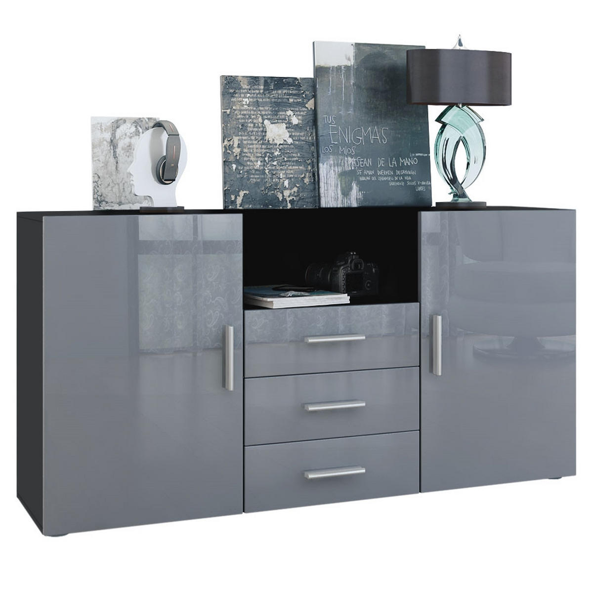 SIDEBOARD Skadu Front in Grau Hochglanz - Grau, Holzwerkstoff (138.5/71.5/35cm) - Vladon