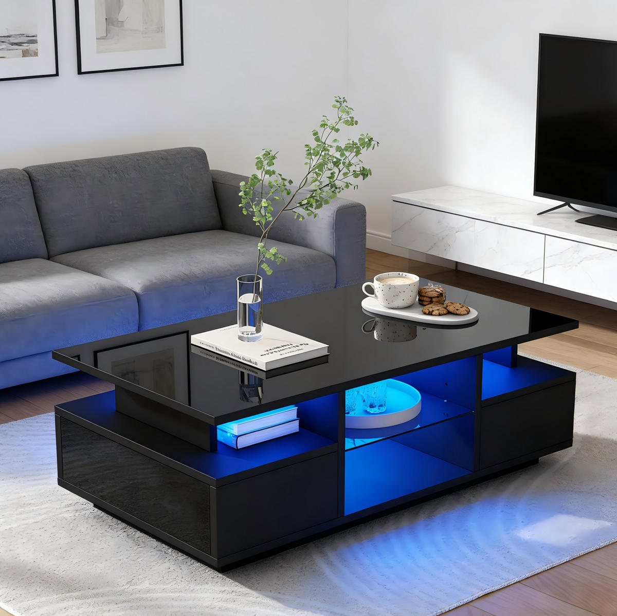 KONFERENČNÍ stolek, 100/50/36 cm, černý, s LED osvětlením a 2 zásuvkami - černá, kompozitní dřevo (100/50/36cm) - BEAOK