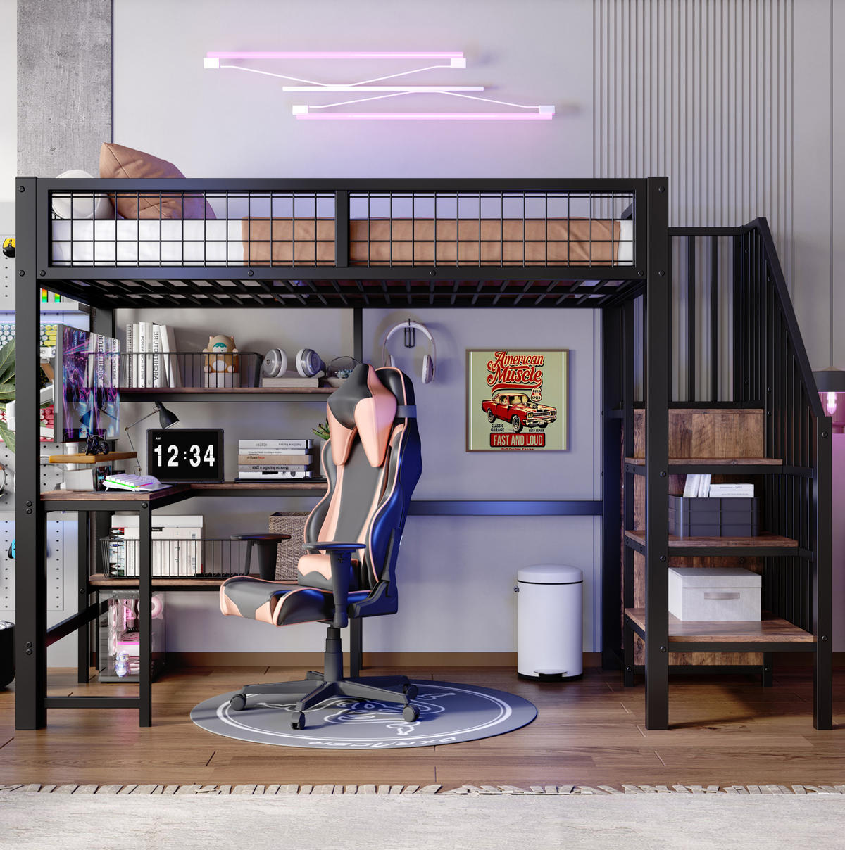 HOCHBETT 90/200 cm mit Schreibtisch, Regalen und Kleiderschrank in Schwarz/Braun - Schwarz, Holzwerkstoff (90/200cm) - Flora Grace