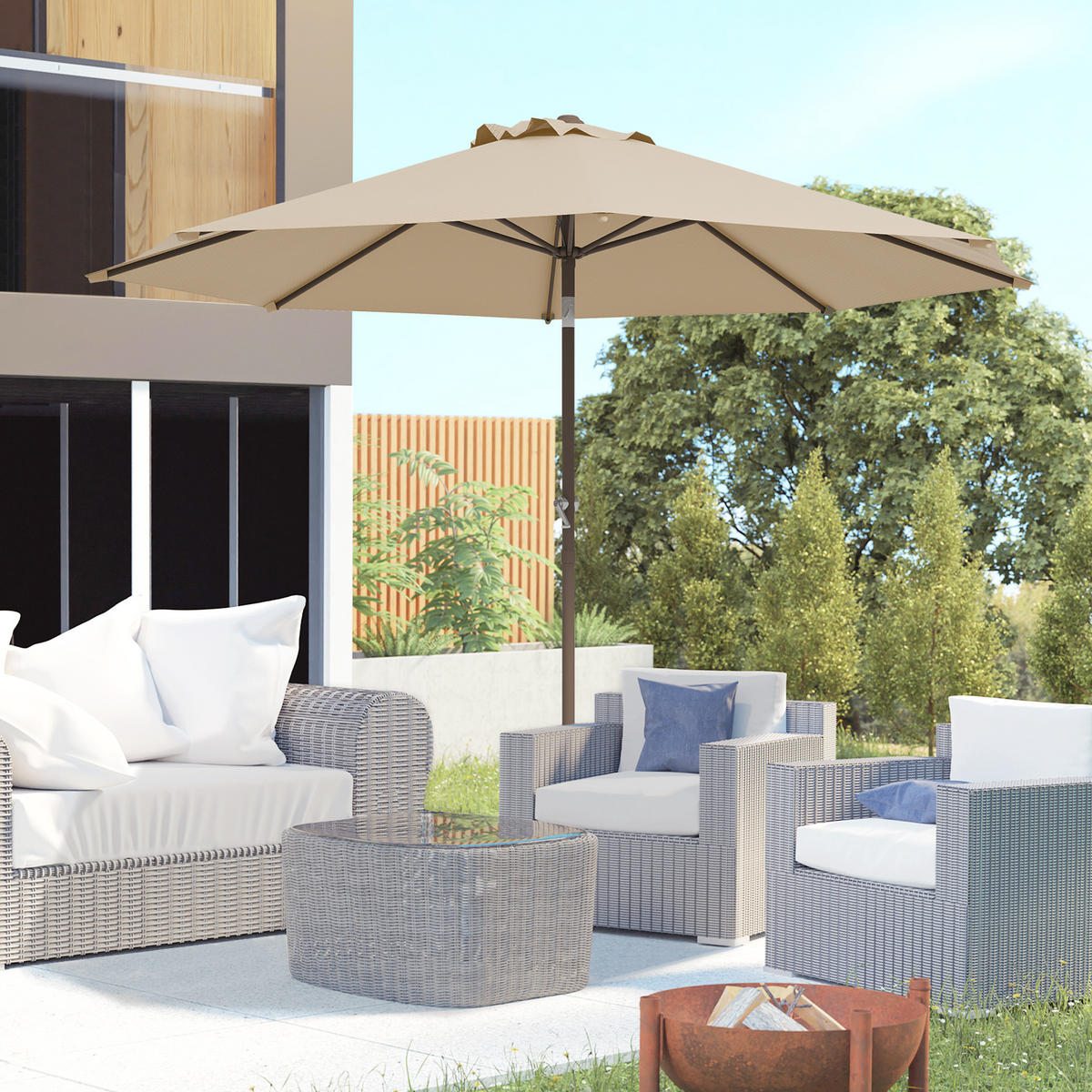 SONNENSCHIRM DE-11459 neigbar, mit Kurbel, Ø 2,63 m Beige - Mokka, Textil (263/263cm) - ComfortXL