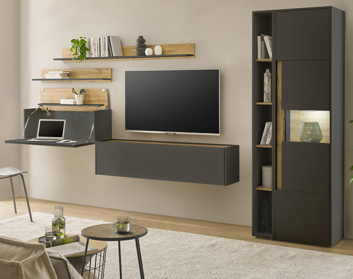 WOHNWAND mit Sekretär grau matt, Eiche Wotan 340 cm, Wohnkombination 6-teilig - Eiche Wotan/Grau, Holzwerkstoff/Kunststoff (340/200/40cm) - Furn.Design