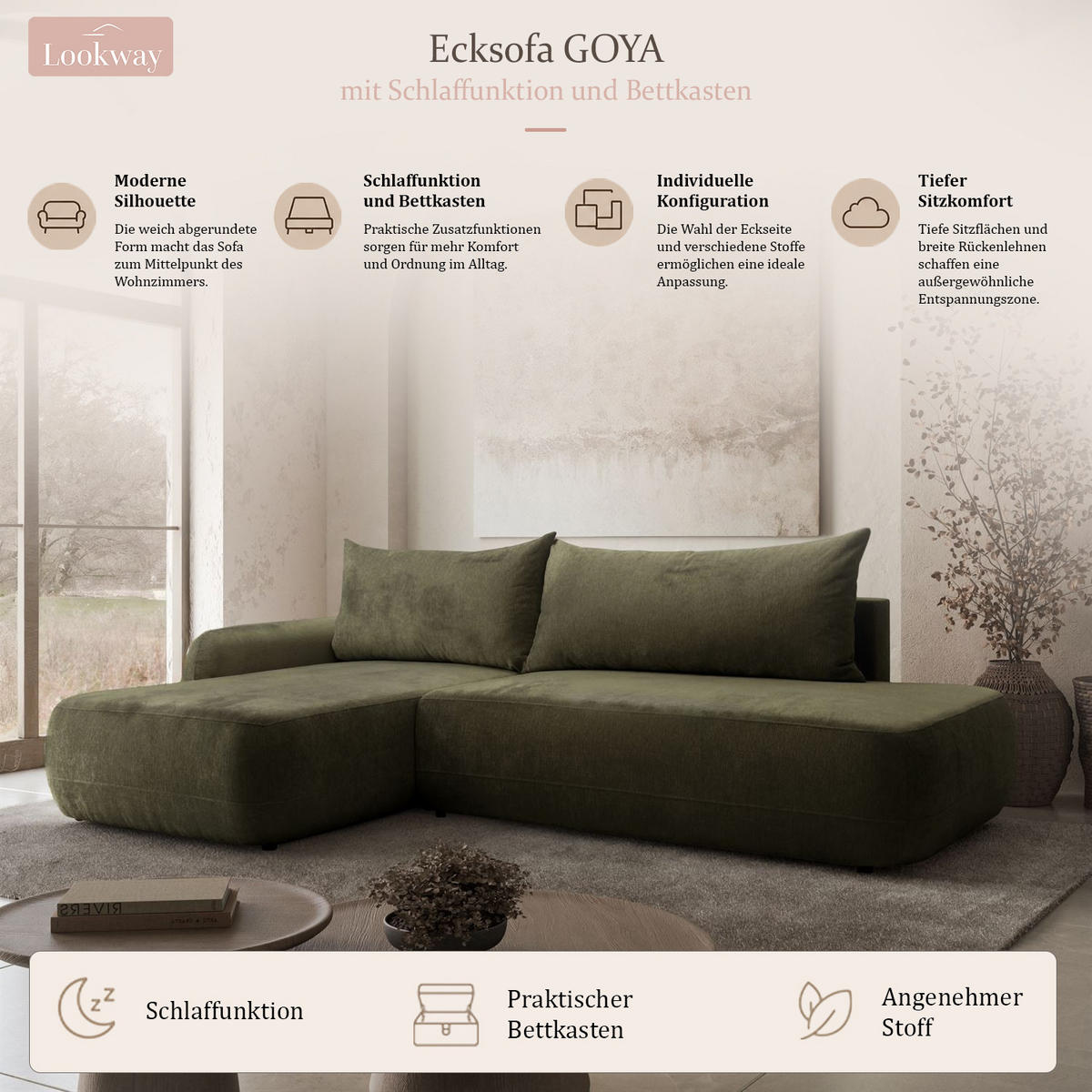 ECKSOFA GOYA mit Schlaffunktion und Bettkasten, Rechte, Perfect Harmony 39 - Waldgrün, Textil (302/184cm) - Lookway